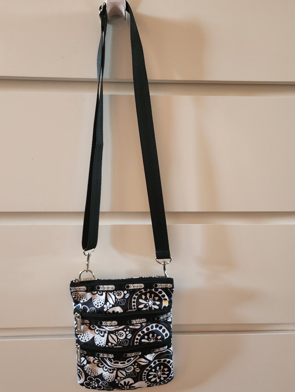 LeSportsac Black White Graphic Mini Crossbody Bag Triple Zip Travel Purse